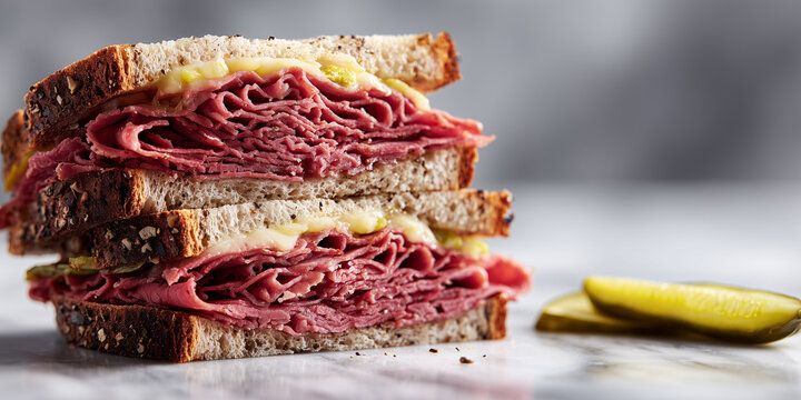 stacked pastrami sandwich with pink thin meat slices and melted white cheese on toasted multigrain bread with green pickles on a white marble background.