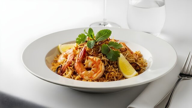 Shrimp biryani with lemon wedges
