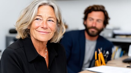 A professional setting with a woman displaying a thoughtful expression during a meeting, highlighting collaboration, communication, and engagement among peers.