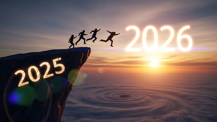 New Year 2026, Inspiration and progress towards new success. silhouette of a people jumping out off a cliff with the number 2025, heading towards the number 2026. new year new challenge concept. JPEG