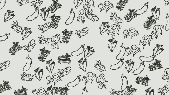 Vegetable pattern with eggplant, carrots, and celery drawings. Ideal for kitchen or foodrelated designs, packaging, and digital backgrounds.