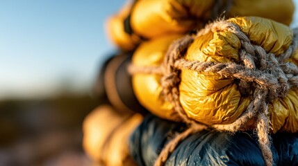 Close-up of vividly colored tightly bundled outdoor gear stacked with natural rope, showcasing the essence of adventure, readiness, and vibrant aesthetics in photography.
