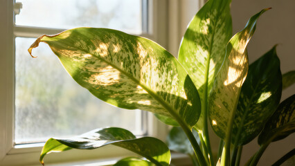 Green Plant Leaves Bathed in Sunlight Beside the Window