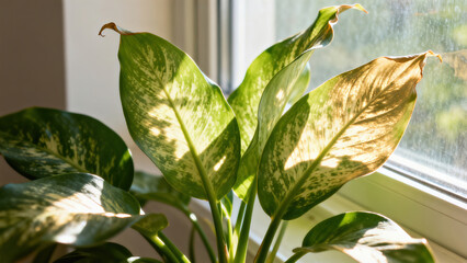 Green Plant Leaves Bathed in Sunlight Beside the Window