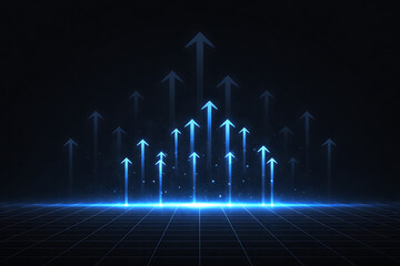 Glowing blue arrow moving upward rapidly on digital dot matrix background showing aggressive growth and momentum
