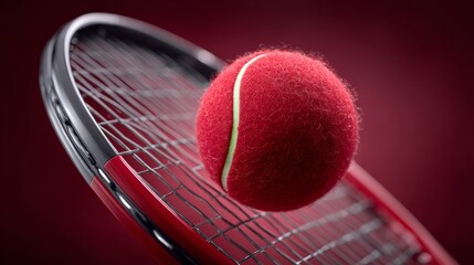 Close-up action shot of a vibrant red tennis ball striking a tennis racket, showcasing intense impact with motion blur and compression, set against a striking red studio backdrop
