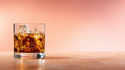This image features a glass of whiskey with ice cubes, set against a soft gradient background, perfect for evoking a warm, inviting atmosphere for beverage-related content.