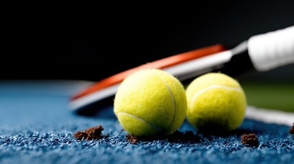 A close-up shot of tennis balls and a racket on a textured court surface, emphasizing the sport's dynamics, energy, and focus on competitive athleticism.