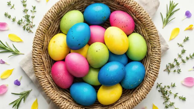 Colorful Easter eggs arranged in a woven basket surrounded by fresh herbs and flower petals, showcasing vibrant hues and textures in a festive spring setting with decorative elements