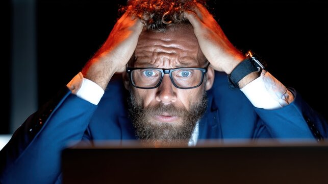 A concerned man with glasses expresses stress while staring intensely at a computer screen, highlighting the overwhelming feelings of modern work-life challenges.