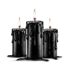 Three dripping black candles gothic or Halloween decor isolated on white background for spooky design