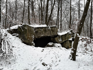 Gesprengter Westwall-Bunker im Winterwald bei Riegelsberg, Saarland