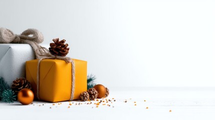 Two beautifully wrapped gifts, adorned with pine cones and decorative elements, sit elegantly against a minimalist background, radiating warmth and the joy of giving.