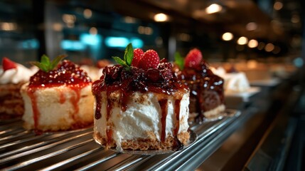 A tempting display of rich cheesecake topped with sweet raspberries and berry sauce, showcasing the indulgence and artistry of bakery creations in a gourmet setting.