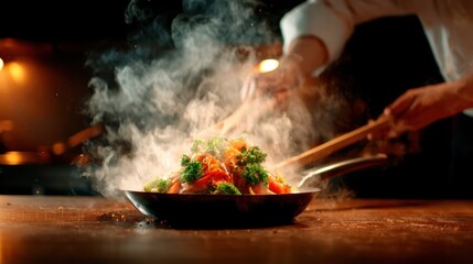 A chef expertly stirs a vibrant stir-fry in a smoky kitchen, highlighting culinary artistry and the appeal of fresh ingredients in creating delicious meals.