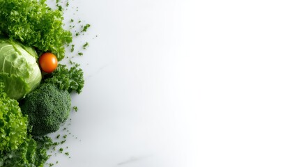 A beautiful arrangement of fresh vegetables, including lettuce and broccoli, is displayed on a marble countertop, showcasing health, freshness, and a vibrant culinary lifestyle.