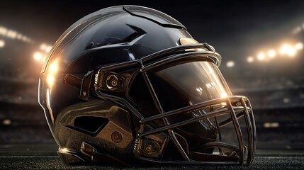 Hockey helmet on ice with dramatic lighting. Professional sports equipment scene for tournament banners, hockey promotions, team branding, strength, protection, and competitive sports advertising.