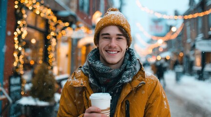 Smiling man in winter clothing holding hot coffee while walking outdoors on a decorated city street. Lifestyle winter scene showing warmth, relaxation, urban mood, outdoor walk, and seasonal enjoyment