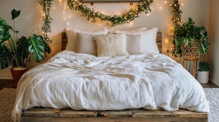Cozy bedroom with white bedding, Christmas decor, and garland on a Christmas tree. Winter hygge interior showing comfort, relaxation, festive mood, and seasonal home lifestyle for holiday design.