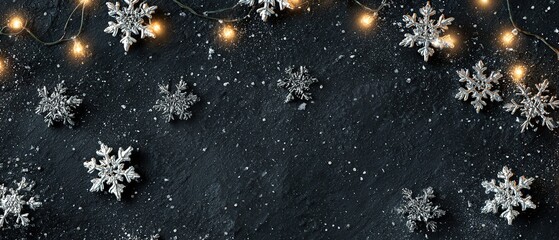 Snowflakes and festive lights on a dark textured background in flat lay style. Abstract winter Christmas background for seasonal designs, banners, greeting cards, and holiday promotions.