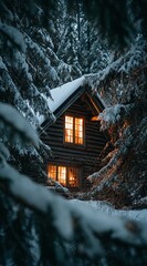 Snow-covered chalet house with warm window lights at night, far from people. Winter nature scene showing solitude, calm, fairy-tale atmosphere, and cozy retreat in the forest.