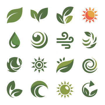 Eco-Friendly Emblems: An array of eco-conscious logos, capturing the essence of nature's elements, including leaves, sun, water drop, and wind, symbolizing sustainability and environmental harmony.