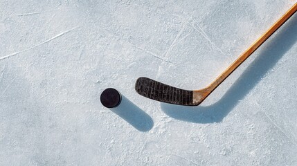 Hockey stick and puck on ice, top view composition. Sports banner for tournaments and training concepts, teamwork, competition, strategy, and professional hockey preparation.