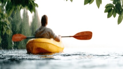 A solitary kayaker leisurely paddling on calm waters, framed by lush greenery and the serene beauty of nature, symbolizing peace and adventure.