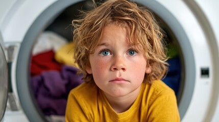 A thoughtful child is peering out from inside a laundry dryer, capturing innocence and curiosity during playtime at home, surrounded by colorful clothes.