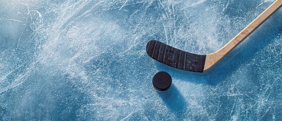 Hockey puck and stick on ice in cool blue tones. flatlay.Professional sports poster for hockey tournaments, Cool Blue banners, competitive game atmosphere.