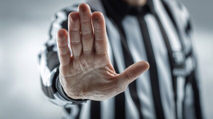 Close-up of hockey referee making a stop gesture on ice. Sports banner concept symbolizing rules, control, decisions, authority, and fair play in professional hockey games.
