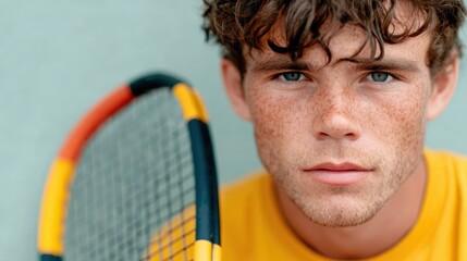 This striking portrait features a young man with curly hair holding a tennis racket, emphasizing his focus and determination as he prepares for a match.