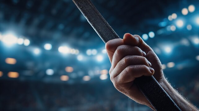 Dynamic close-up of a hand gripping a hockey stick during gameplay. Powerful sports banner with space for text, representing control, strength, competition, and intense match action. - Powered by Adobe