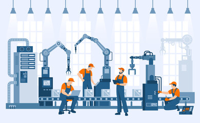 A team of repair technicians conducts diagnostics on a factory conveyor line. Concept of troubleshooting, repair and maintenance.