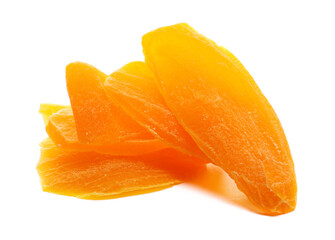 Candied mango slices isolated on white background, side view