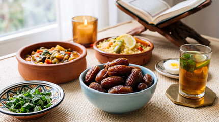 Ramadan Iftar Meal Spread with Dates, Couscous, Stew, Fresh Mint Salad, Tea, and a Candle, Symbolizing Breaking Fast and Festive Gathering.