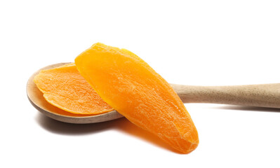 Candied mango slices in wooden spoon isolated on white background, side view