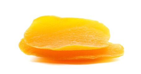 Candied mango slices isolated on white background, side view