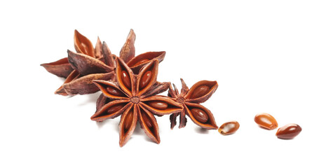Star anise with seeds isolated on white background, side view  