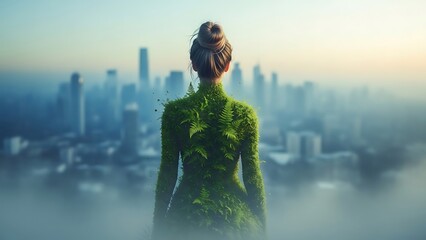 Woman covered in lush greenery overlooks a foggy cityscape