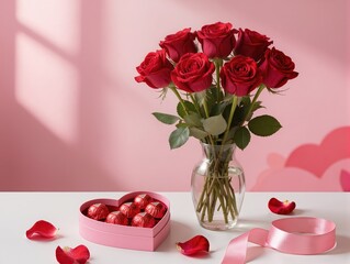 A photo composed with roses in a realistic and modern style, designed for Valentine's Day.