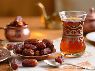 Close-up of dates and traditional Turkish tea on an iftar table,warm ambient lighting, shallow depth of field,authentic Ramadan atmosphere, copy space,commercial stock photography, no text, no logo