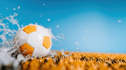 A soccer ball splashes through water on a vibrant orange field, vividly displaying motion and energy, capturing the spirit of sport and the beauty of play.