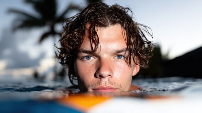 A young man rests in a pool while partially submerged, his thoughtful expression reflecting the serene ambiance of the surrounding tropical environment at sunset.