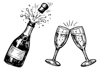 Hand drawn line art celebration set featuring a champagne bottle popping its cork and two clinking glasses for parties and events