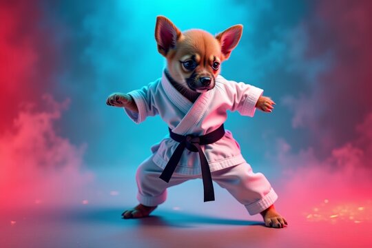Dynamic Young Martial Artist in White Kimono Performing Karate Moves on Vibrant Blue-Red Background with Neon Accents: Sport Advertisement Concept