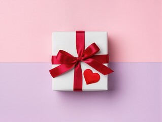 &ldquo;Valentine&rsquo;s Day gift box with red ribbon and heart decoration, pastel background, soft studio lighting, top-down flat lay, minimal clean composition, copy space.&rdquo;                                    