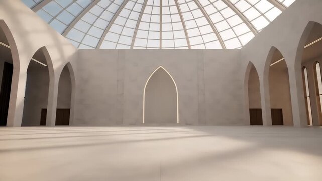 Grand interior of a large hall featuring a geodesic glass dome ceiling and symmetrical arched alcoves casting geometric shadows on the polished floor.