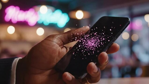 African American person taps smartphone, a glowing heart shattering into particles for online dating concept and digital connection in a vibrant neon environment