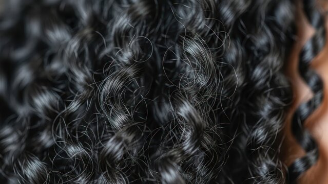 Close-up of curly black hair texture.